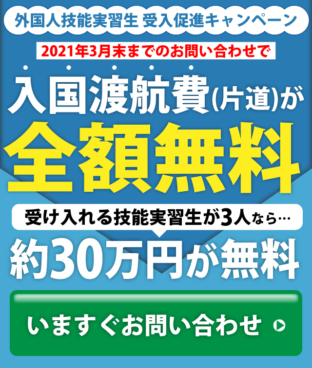 何人でもOK!今なら実習生の入国渡航費が全額無料!